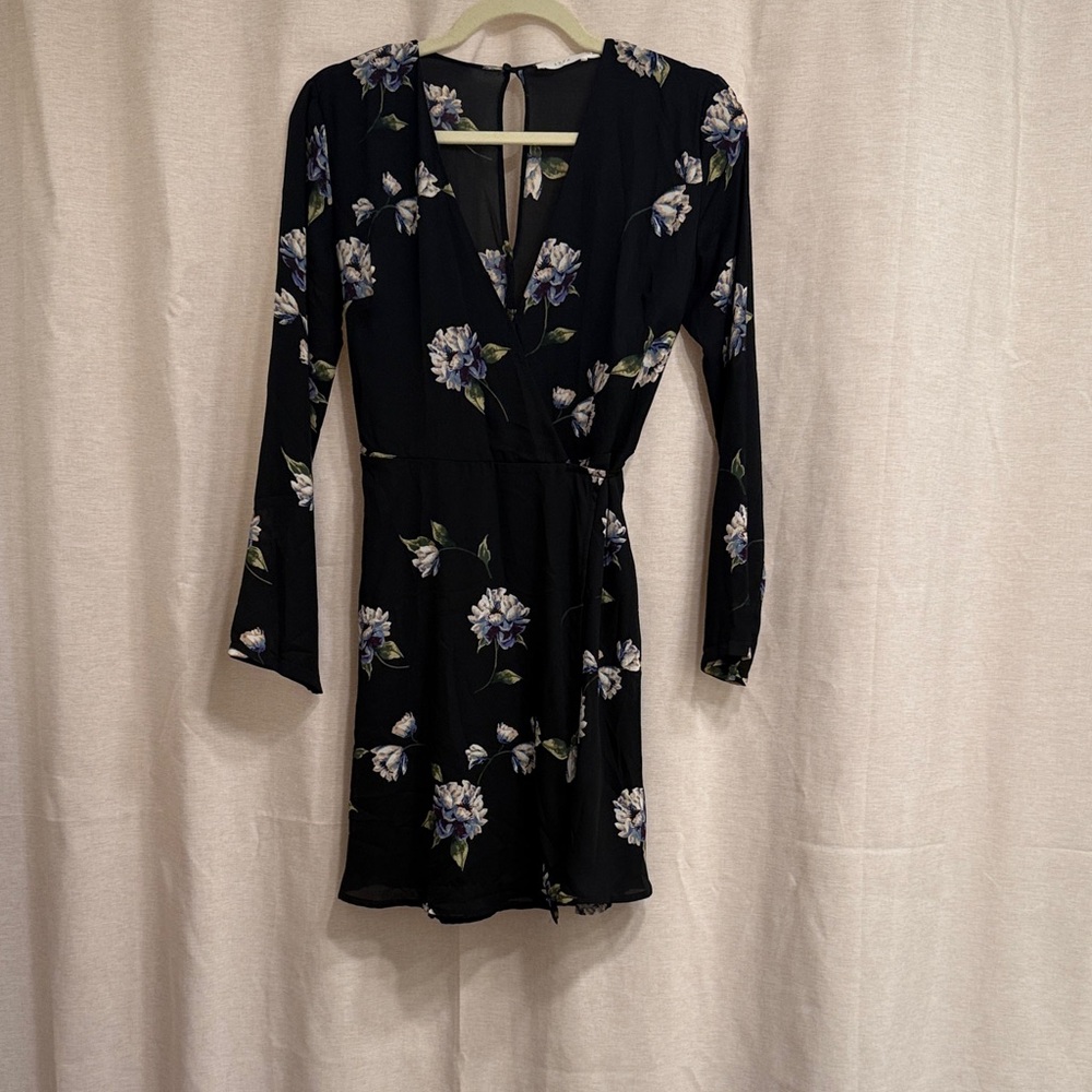 Lush Black Floral Long Sleeve Wrap Dress XS